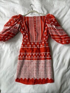 Johanna Ortiz Orange and White Embroidered Puff-Sleeve Mini Dress